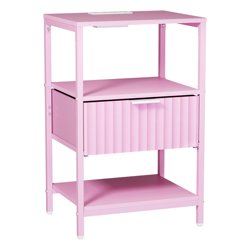 15 Inches Wide Nightstand - 1 Drawer, 2 Shelves, US Power Outlet, Pink