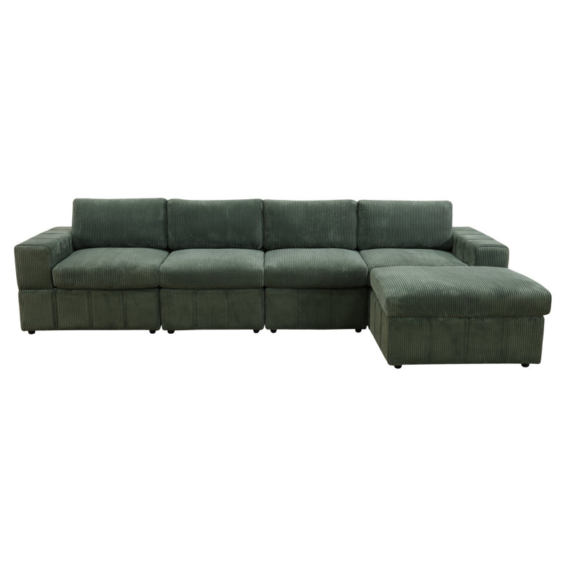 132" Wide 5- Piece Premium Corduroy Reversible Modular Living Room Sectional Sofa With Ottoman, Green Corduroy