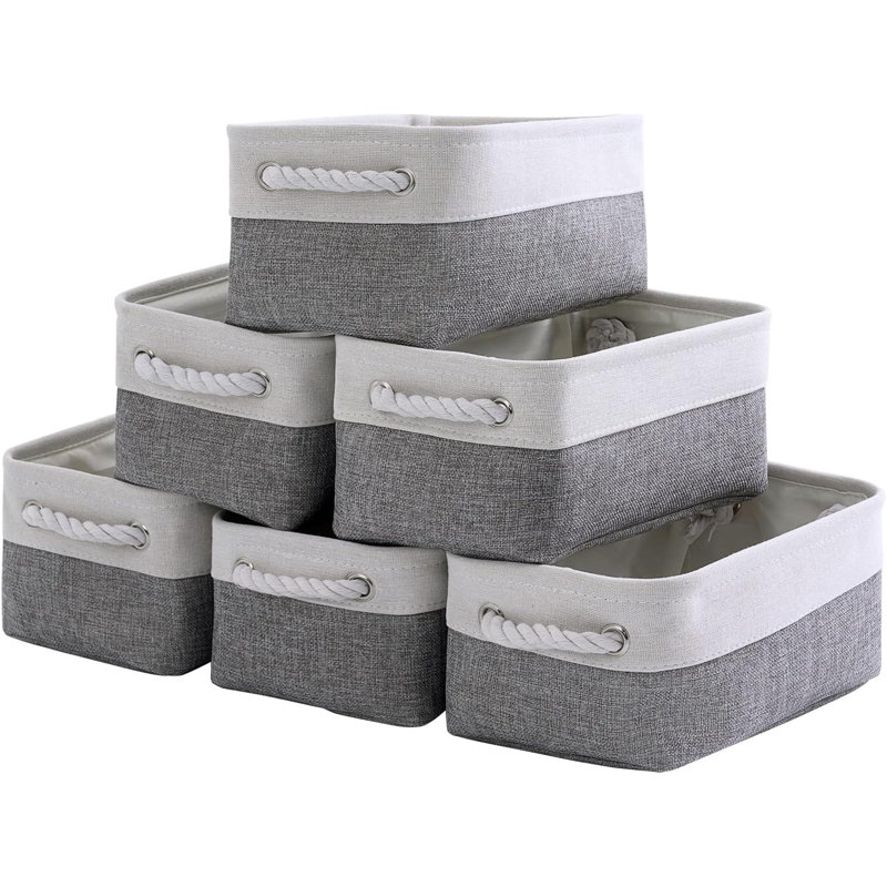 Storage Basket For Organizing - Small 6 Pack With Cotton Rope Handle, Collapsible Storage Bins, White/Grey