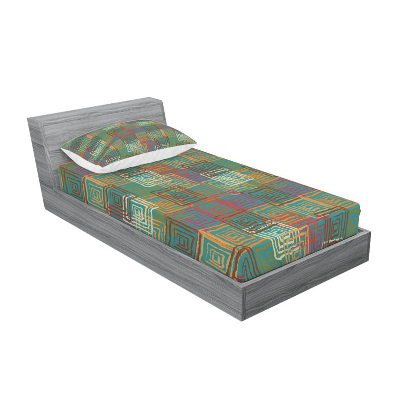 Microfiber Geometric Sheet Set, Grunge Folk Ornament Geometric, Twin XL Sheet Set with Fitted Sheet