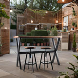 3-Piece Table & Chairs Set,  Bar Dining Cafe Pub Party, Industrial Black Metal & Rustic Brown Wood, X-Leg Rectangular Table, 2 Swivel Adjustable Barstools