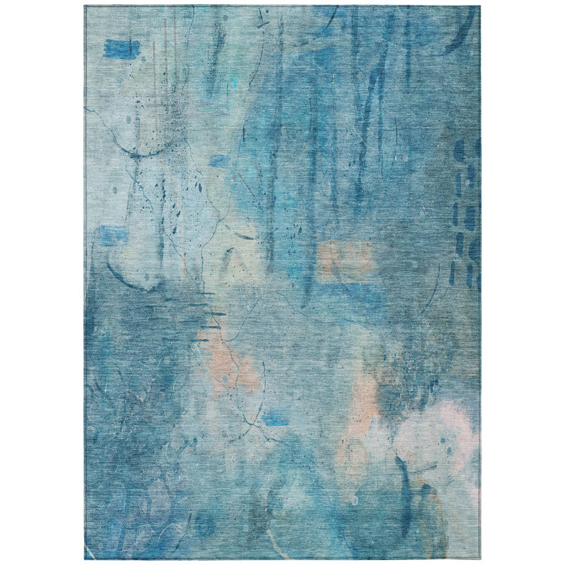 Machine Washable Indoor/Outdoor Xhevrie Blue Rug, Rectangle 9' x 12'