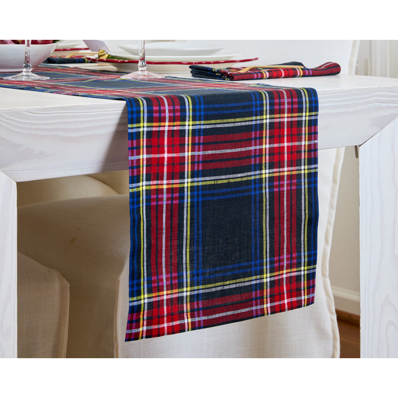 Stewart Plaid - 100% Pure Linen Christmas Table Runner, 60" x 14", Red/Black