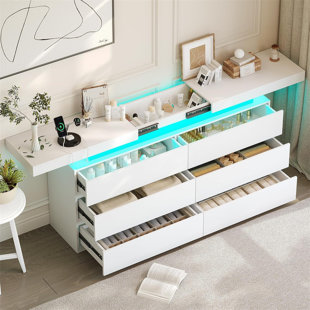 Commode 6 tiroirs avec bureau coulissant et armoire de rangement avec prise de courant avec lumières à DEL, commode large avec station de charge, rangement pour chambre à coucher, garde-robe, salon
