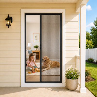Porte moustiquaire rétractable 91 x 203 cm, cadre en aluminium robuste, conception hydrophobe unique, toile indéchirable, pliable, idéale pour porte d'entrée, patio et balcon, anti-insectes, noire