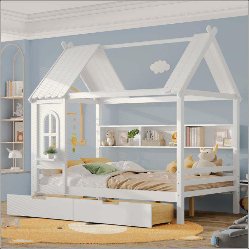 Lits avec tiroirs de rangement et fenêtre, structure de lit plateforme en bois massif avec tablettes, pour enfants, sans sommier et conception enfantine
