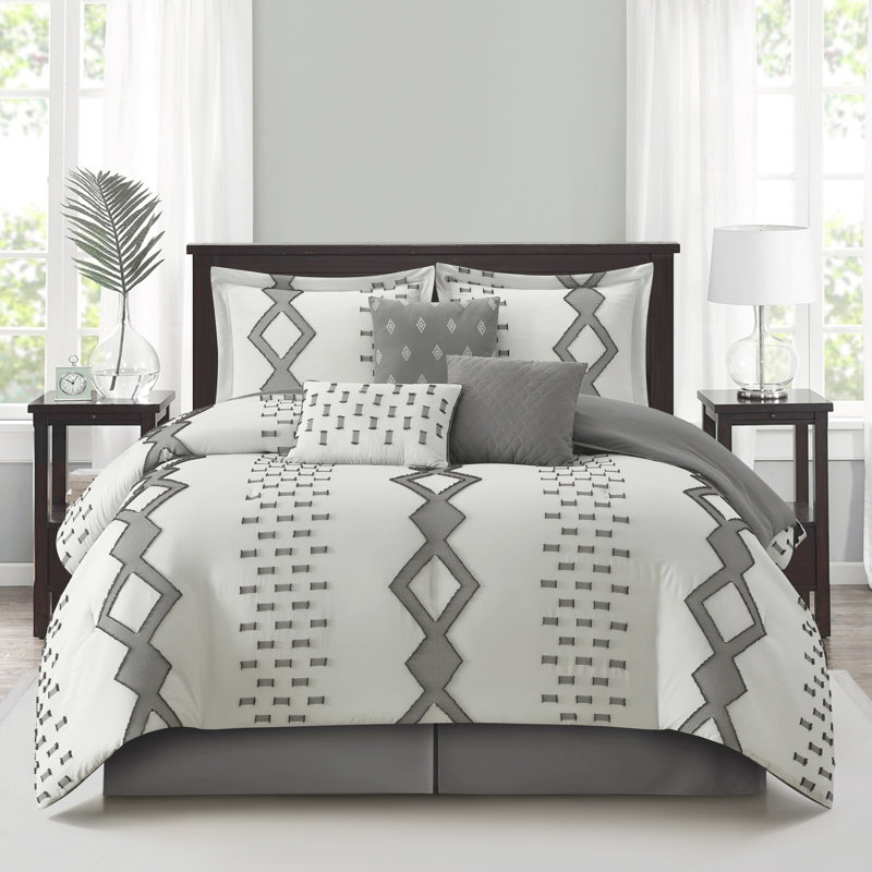 Pantissa Geometric 7 Piece Comforter Set, White/Gray, King Comforter + 6 Additional Pieces