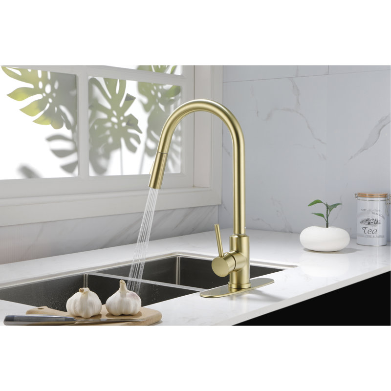 Gold Stainless Steel Kitchen Pull Down Faucet - 360 Rotatable High Spout, Simple Single Handle For Water Temperature And Flow Adjustment, Corrosion Rust-, 16.2 In. Deep, 10.17 Wide, 9.1 Tall, 4.15