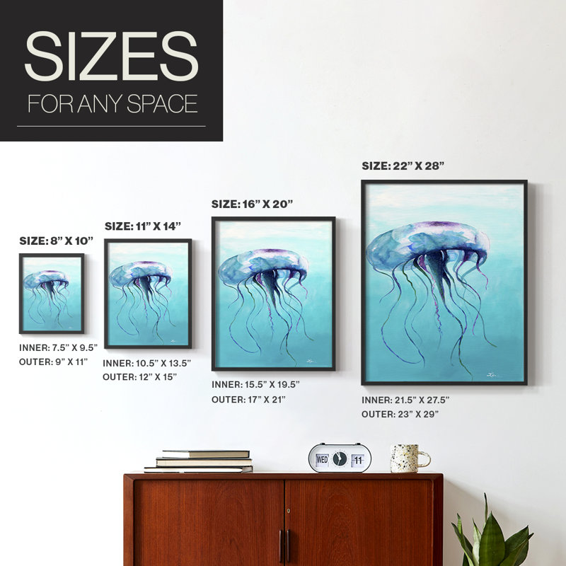 Jelly Fish Framed Print - Solid Wood, 14" H x 11" W, Black Single Picture Framed