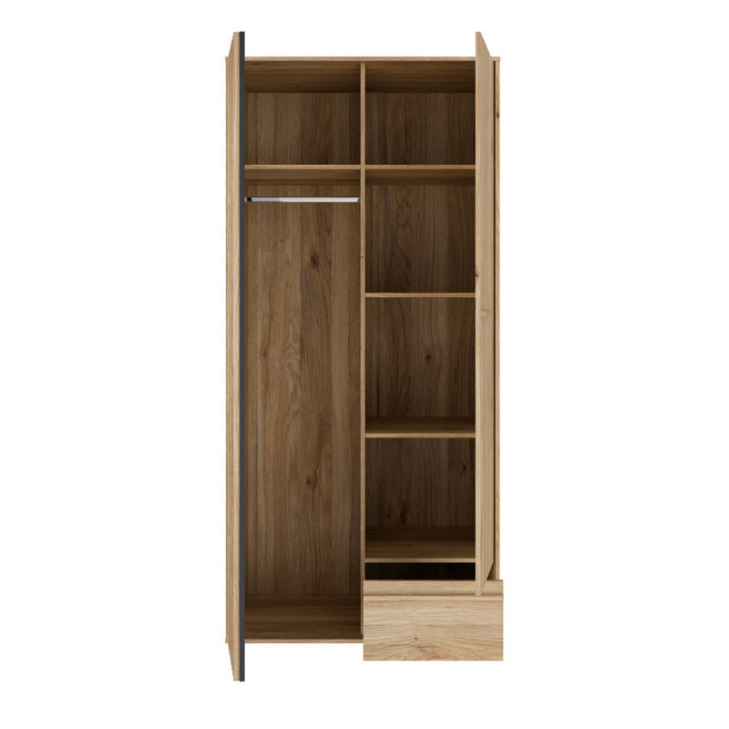 Arten Arank Two Door Wardrobe with Drawer in Mauvella Oak Effect and Black
