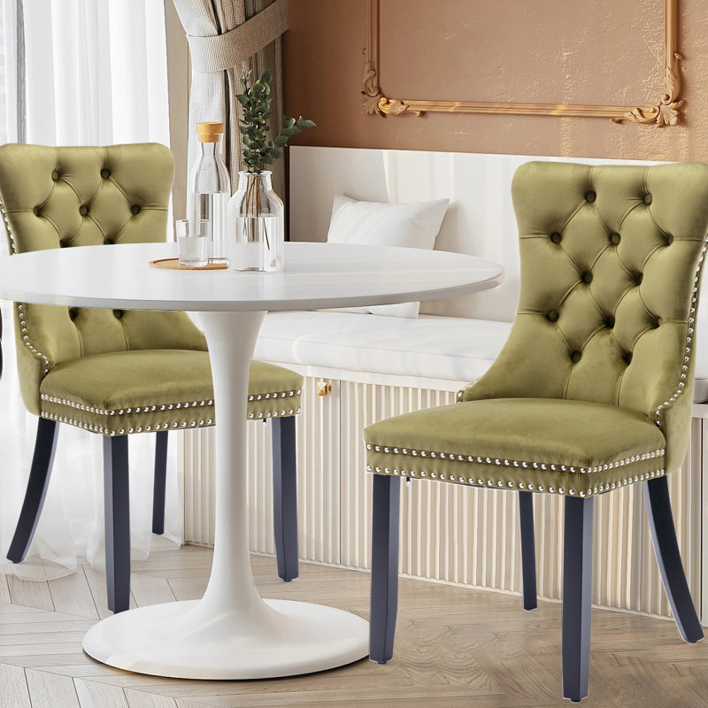 Chaise de salle à manger en velours avec pieds en bois massif Friedrun, Sauge