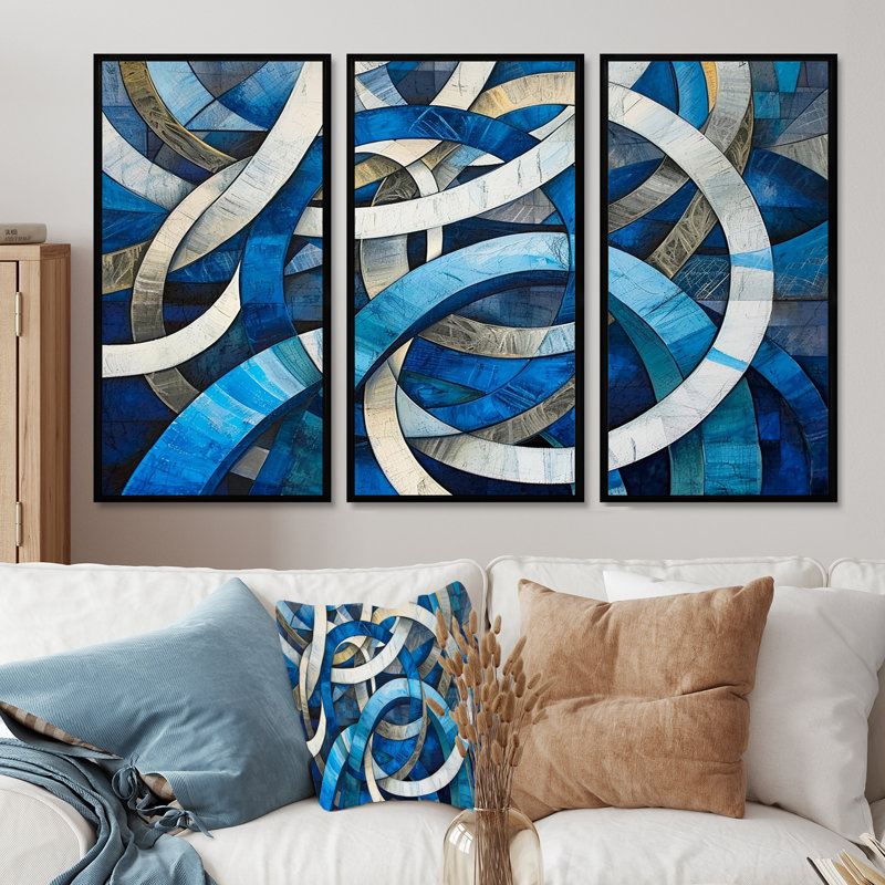 «Blue and White Whirling Rings II», ensemble d'art mural abstrait, Cadre flottant noir, H 32 po x l 48 po x P 1 po