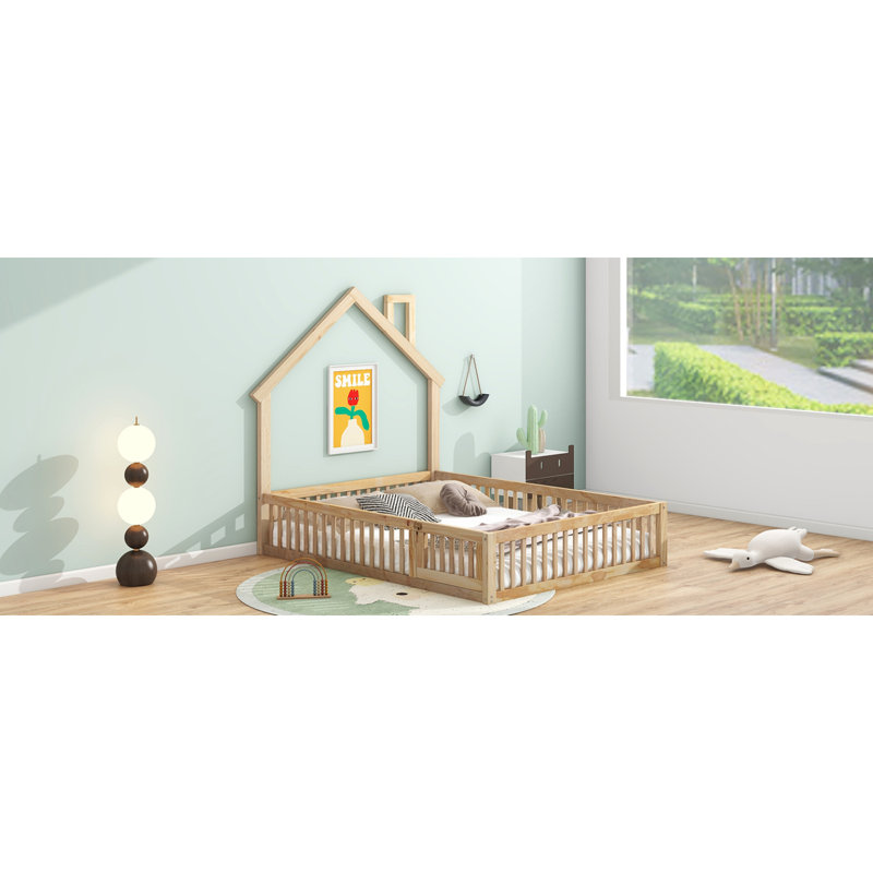 Lit plateforme en bois pleine grandeur avec garde-corps, naturel, Beige