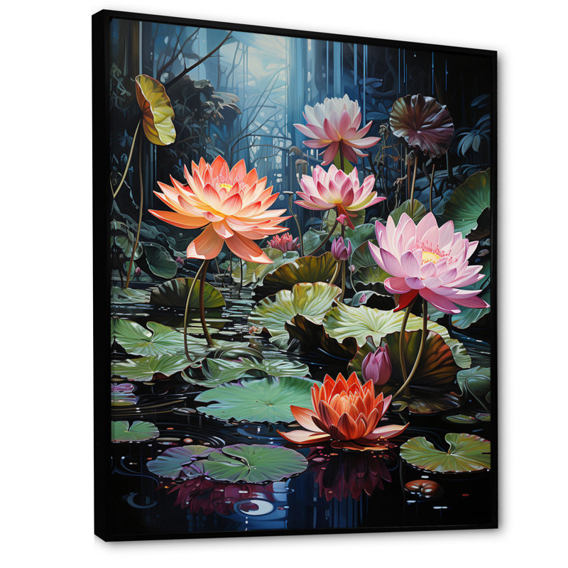 Japon Art Lotus Pond - impressions sur toile florales, H 44 po x l 34 po x P 1,5 po, Cadre flottant noir