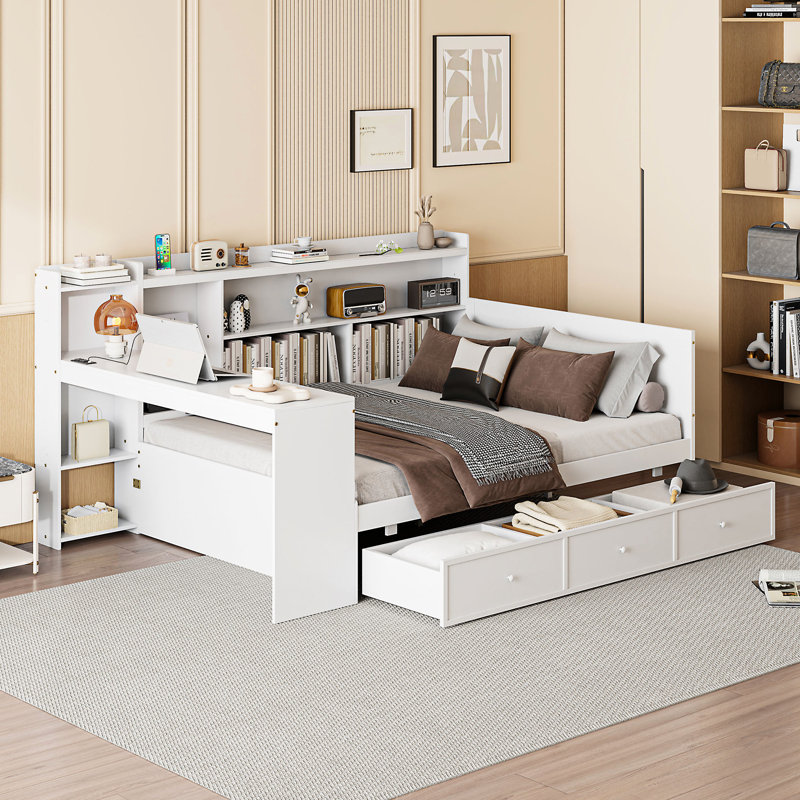 Full Size Wooden Daybed In White - 3 Drawers And Power Outlets For Convenience With Desk White, Drawers, Pine Construction