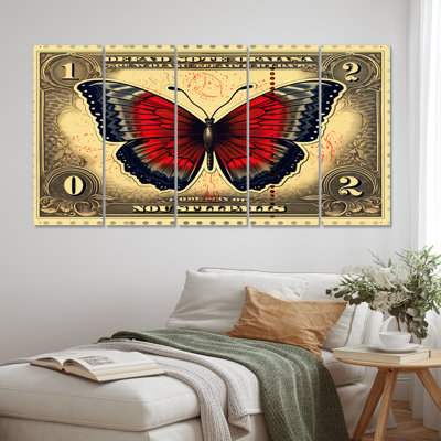 Illustration rétro de Red Butterfly I - reproduction d'art sur toile animaux - 5 panneaux égaux