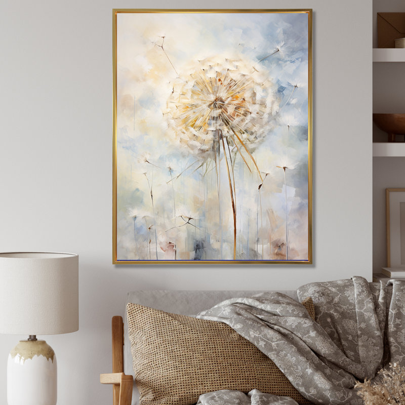 Dandelion Charm in Winter I - Pissenlit, art mural, 32" H x 24" W, Cadre flottant doré