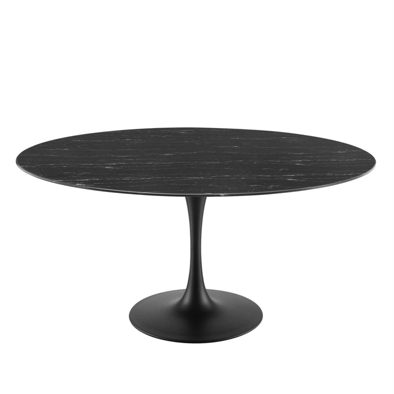 Black Round Marble Pedestal Dining Table for Six