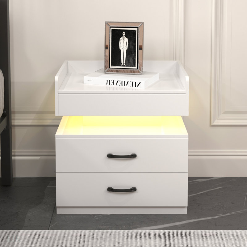 End Table, Indoor Table, Bedside Table, Nightstand With Adjustable LED Strip Light, White
