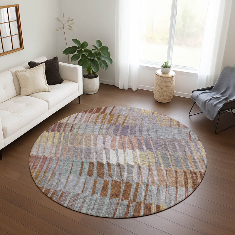 Machine Washable Indoor/Outdoor Huseby ACN2271 Stripes Rug, Round 8'