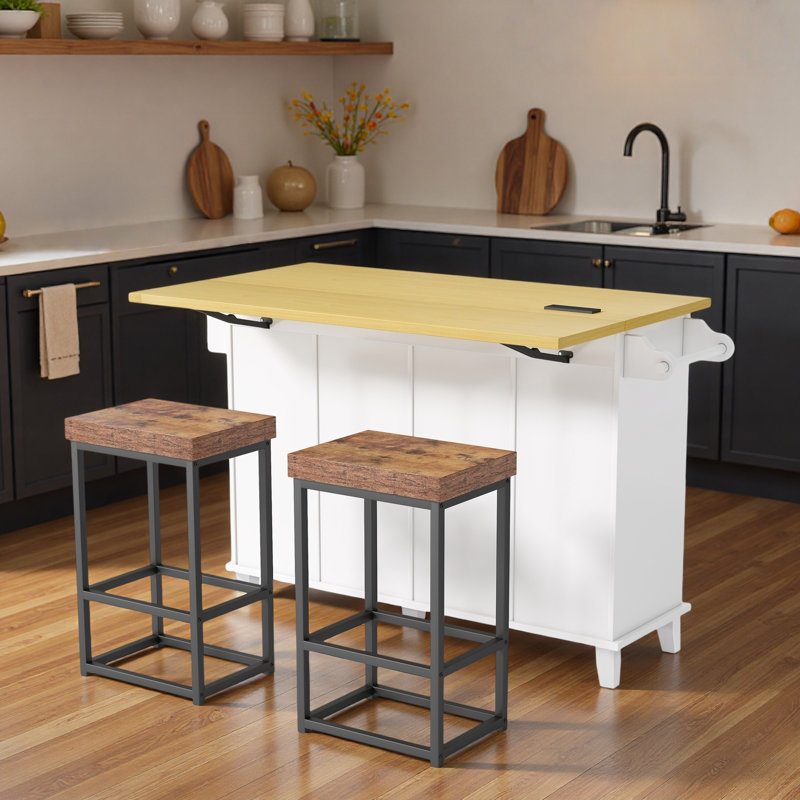 Farmhouse Kitchen Island With Drop Leaf, Storage Cabinet, Drawers, Door Shelves, Power Outlet And 2 Dining Stools