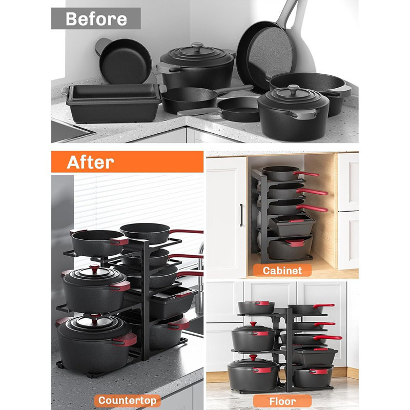 Organisateur de casseroles et de poêles à 8 niveaux pour dessous d'armoire, support à casseroles réglable robuste (hauteur de 15,83 po) pour poêles à frire, couvercles et poêles en fonte - Armoires de cuisine noires