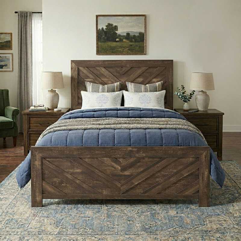 Cadre de lit à panneau avec tête et pied de lit, placage en faux bois, motif en V, grand, Brun