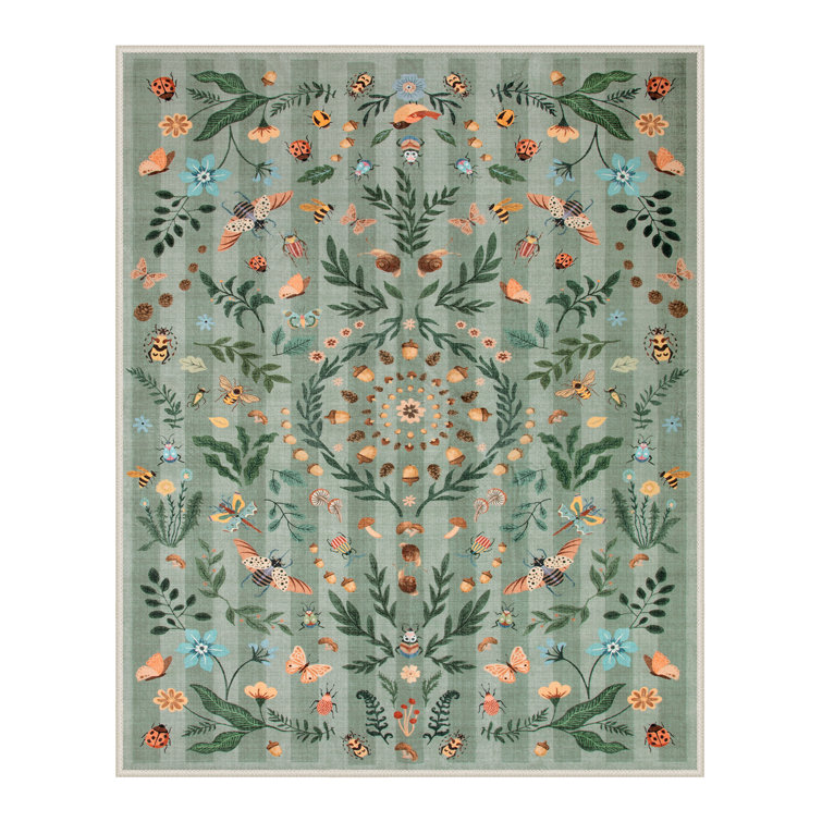 Insect and Plant Vertical Striped Textured Washable Area Rug - Nature-Inspired Carpet for Living Room, Bedroom, or Office