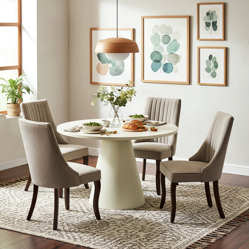 Ensemble de salle à manger rembourré en lin moderne avec pieds en bois courbés et table ronde minimaliste, Blanc crémeux
