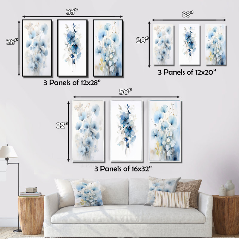 «Tender Ginko Leaves In Blue Shades», 3 pièces, H 32 po x l 48 po, Toile tendue