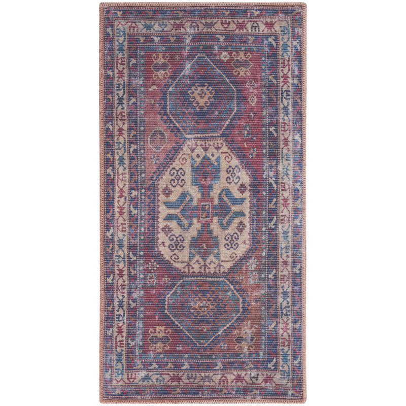 Tapis oriental rouge et bleu marine tissé à la machine 2 pi x 4 pi