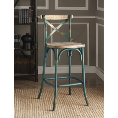 Tabouret de bar de style rétro turquoise et chêne antique - haut pour le plaisir, base stable à quatre pieds avec repose-pieds, siège en bois chaleureux, espace de salle à manger à dossier croisé, expérience de confort élevée, look vintage robuste