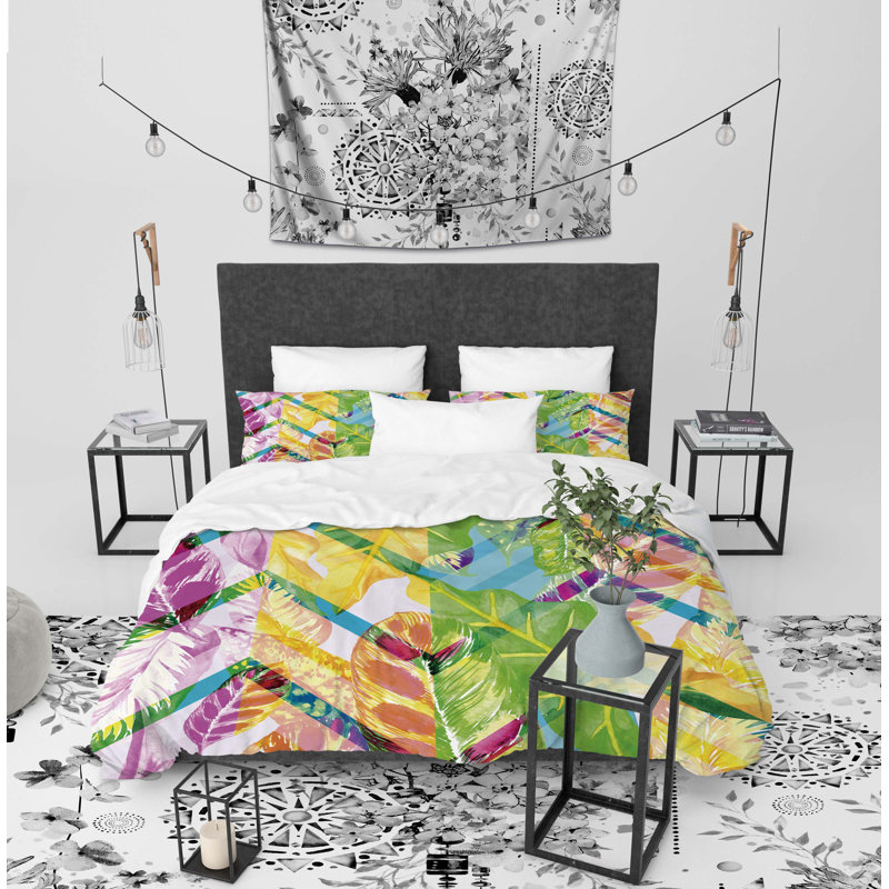 Needlework Polyester Twill Duvet Cover, King Duvet Cover + 2 Pillow Cases, Colored Leaves