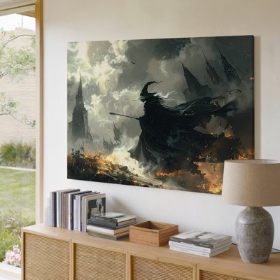 Storm Witch Dark Fantasy Battlefield Art With Cloaked Sorcerer Canvas Wall Art Ready To Hang Gallery Wrapped Home Decor Modern Design