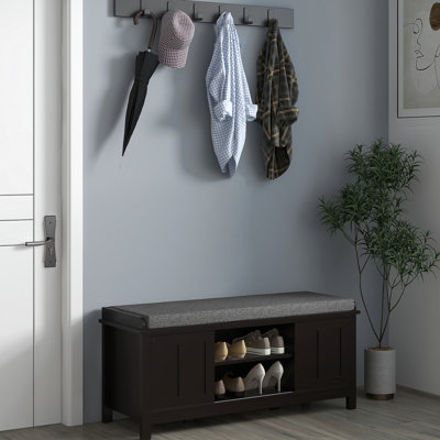 Banc de rangement pour chaussures d'entrée - noir, 6 tablettes réglables, siège rembourré avec tissu, portes coulissantes, peut contenir 10 paires de lin