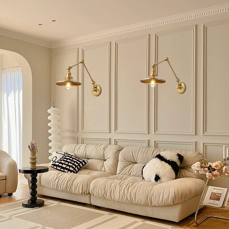 Modern 2pcs Swing Arm Plug In Wall Sconces, Adjustable Lampshade, Gold