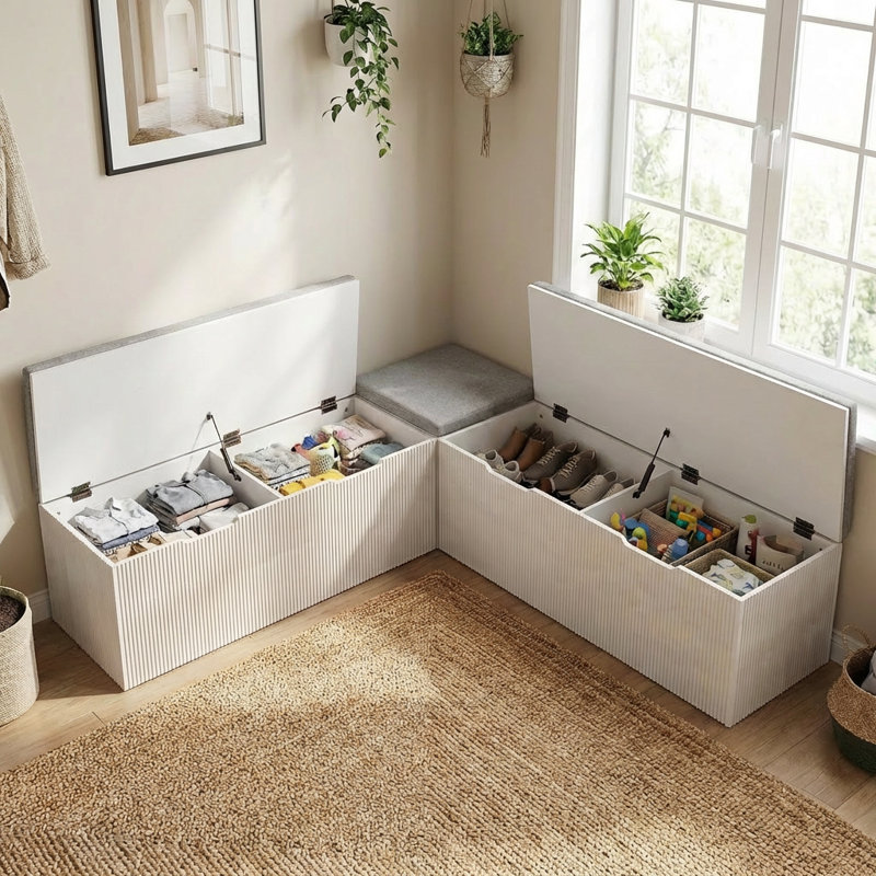 Banc de rangement en L avec coussin, banc d'angle pour salle à manger, cuisine, entrée, blanc, Blanc, Blanc