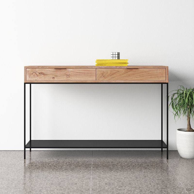 Theo 48'' Brown Wood and Black Metal Console Table with Storage
