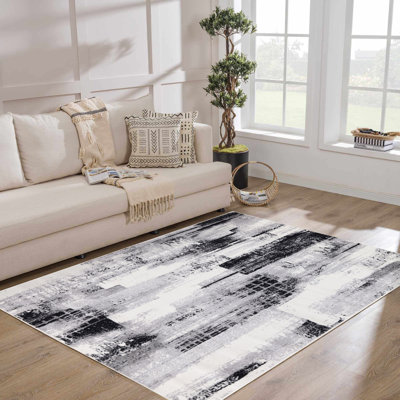 Amberella Collection Abstract Motif Black and Grey Rug