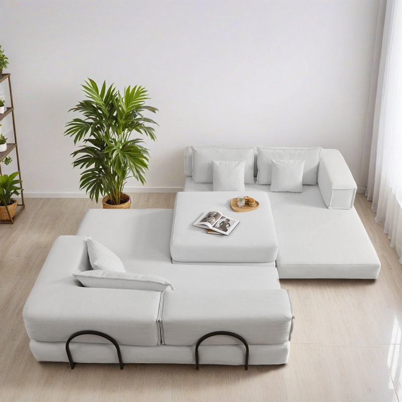 Canapé-lit modulaire en forme de L 118,22 po pour salon, Velours côtelé blanc