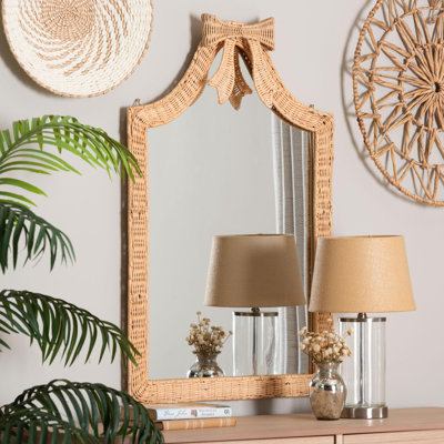 Bali & Pari Creusa Natural Rattan Wall Mirror - Handwoven Arched Mirror With Scalloped Corners And Bow Accent, Artistic Decor With Boho Coastal Style