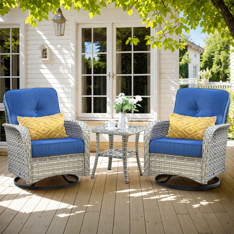 Heshum 3 Piece Rattan Seating Group With Cushions, Dark Blue