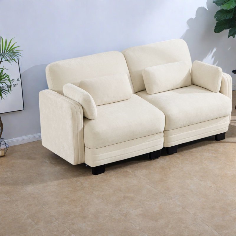 Canapé d'angle modulaire à compression, 2 places en chenille beige, style minimaliste moderne, salon