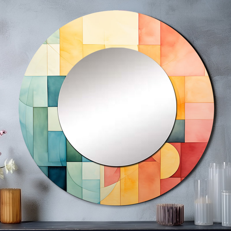 «Cubism Experiment With Minimalist II» - miroir décoratif cubique, grand miroir mural rond moderne, impression d'art en métal