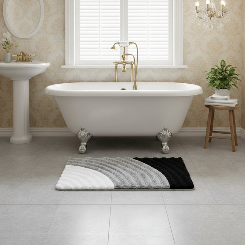 Abstract Arched Plush Bath Mat, Gray