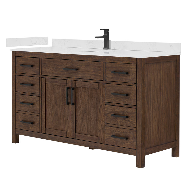 Beckett 60" Freestanding Single Bathroom Vanity with Cultured Marble Top, Carrara Cultured Marble, Matte Black, Dark Walnut