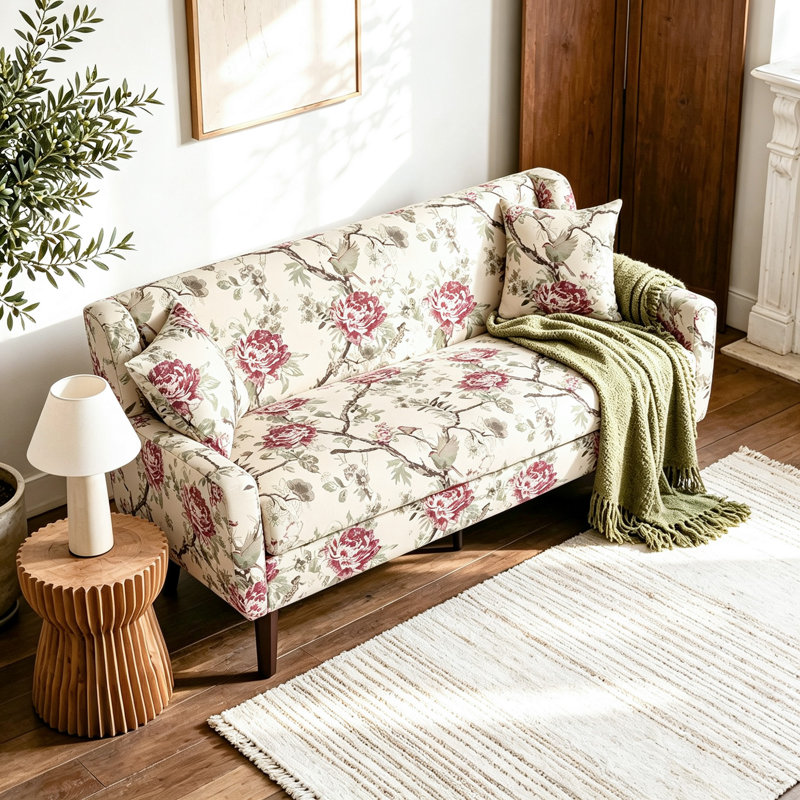 Causeuse à accoudoirs carrés capitonnés en mélange de lin Davey, PATTERN FLORAL Linen Blend