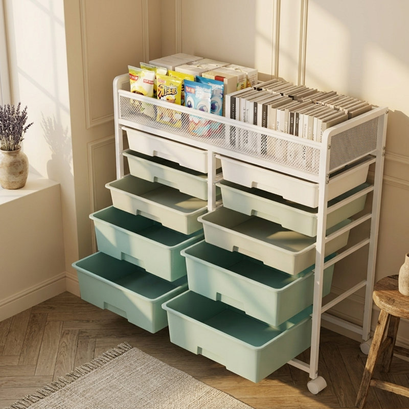 Chariot de rangement roulant à 5 tiroirs avec panier supérieur en filet, chariot de rangement mobile sur roulettes verrouillables, chariot de rangement compact pour la cuisine, la salle de bain, le bureau et la salle de jeux