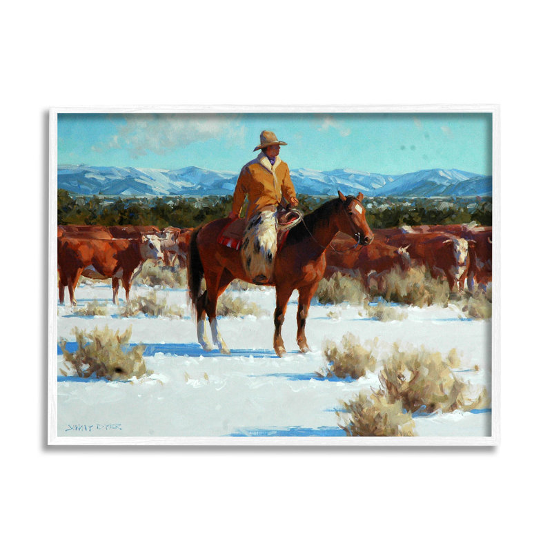 Hiver, cowboy, bovins, paysage, estampe numérique par Jimmy Dyer, H 11 po x l 14 po x P 1,5 po