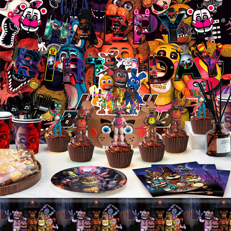 Décorations de fond pour fête d'anniversaire Five Nights at Freddy's, ensemble de 112 pièces comprenant vaisselle et accessoires de fête Five Nights at Freddy's pour enfants